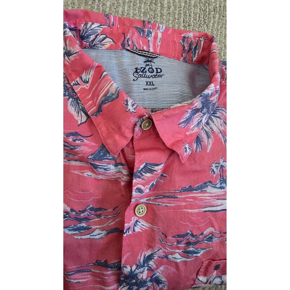 Izod Saltwater Mens XXL Pink Tropical Palm Tree Hibiscus SS Button Down Shirt